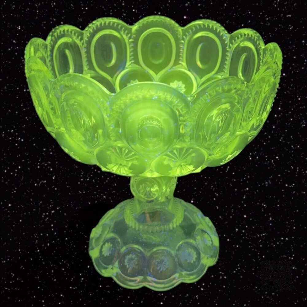 Antique EAPG Adams & Co‎ Palace Moon & Stars Compote Large Clear Manganese 365nm